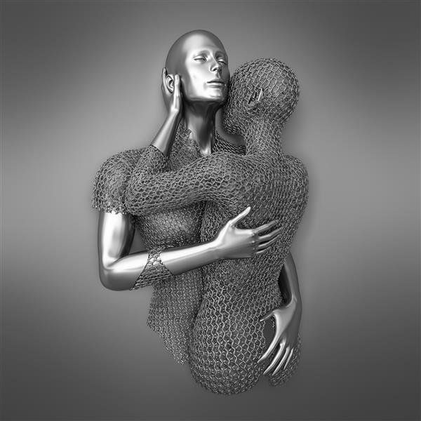 تندیس مدرن آغوش عاشقانه با بافت زنجیری نقره‌ای مناسب برای پوستر دیواری پذیرایی و اتاق خواب مستر