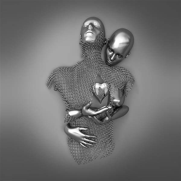 پوستر دیواری مفهومی محافظت و عشق با فیگورهای نقره‌ای و بافت زرهی ویژه دکوراسیون داخلی منازل مدرن و لوکس