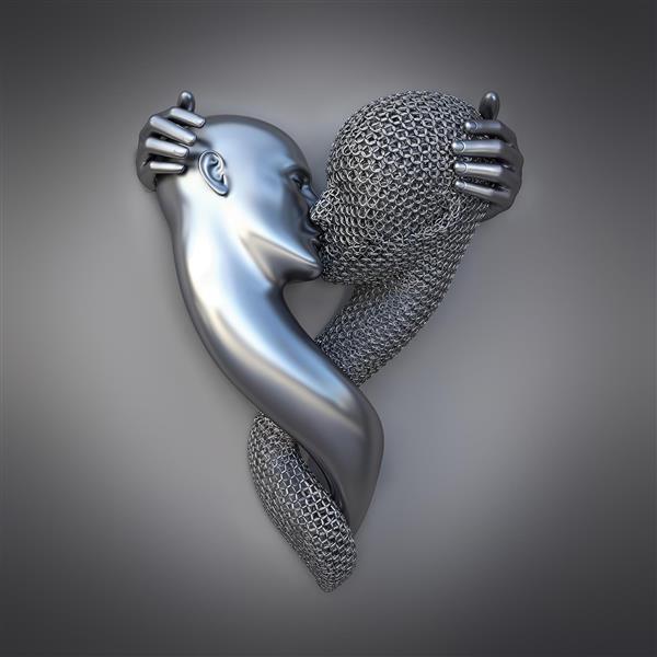 پوستر دیواری عاشقانه طرح بوسه پیکره‌های متالیک و بافت زنجیری برای ایجاد فضای رمانتیک در اتاق خواب زوجین