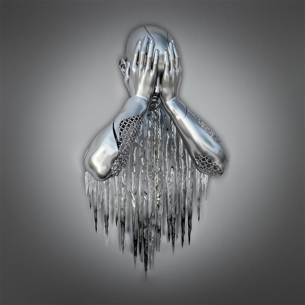 طرح لوکس مجسمه نقره‌ای انسان با سبک انتزاعی و مدرن برای چاپ پوستر دیواری پذیرایی و پشت تلویزیون