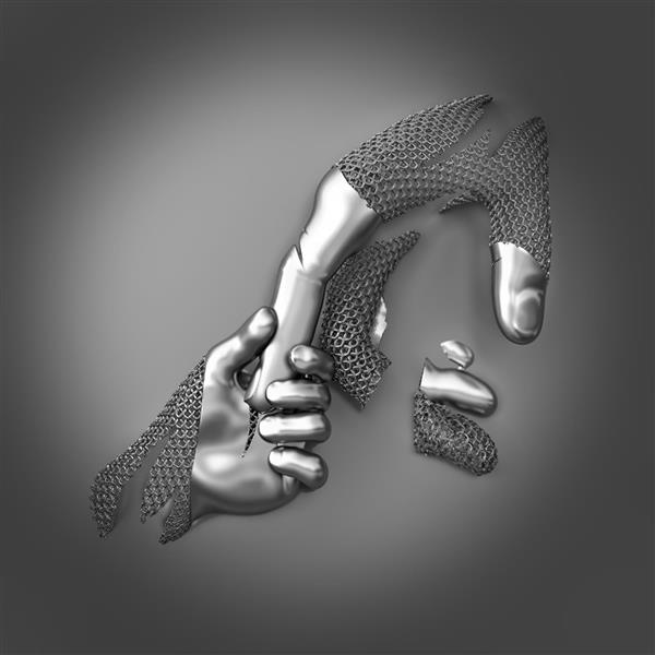 پوستر دیواری سه بعدی با طرح دست‌های متالیک و بافت شبکه‌ای مدرن برای دیوارهای شاخص در راهرو و لابی آپارتمان