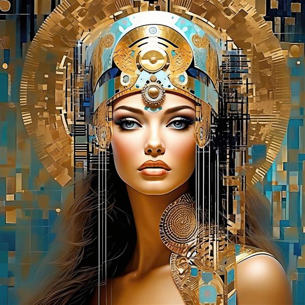 پوستر دیواری مدرن چهره زن با کلاهخود طلایی و تم فیروزه‌ای انتزاعی مناسب برای دکوراسیون پشت میز مدیریت و سالن‌های کنفرانس