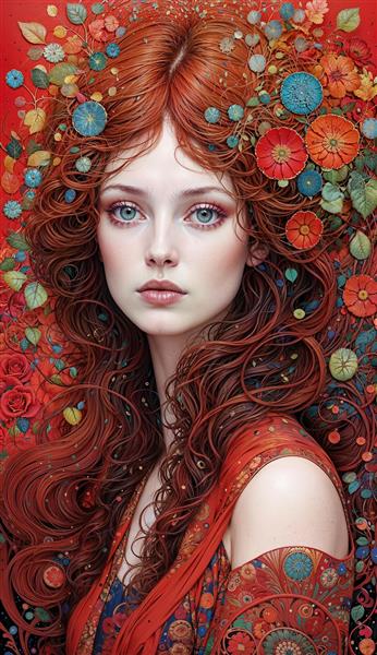 تصویر باکیفیت زن مو قرمز با طراحی هنری گیاهان و شکوفه‌های بهاری مناسب برای چاپ روی پرده، روتختی و پوستر دیواری اتاق کودک و نوجوان