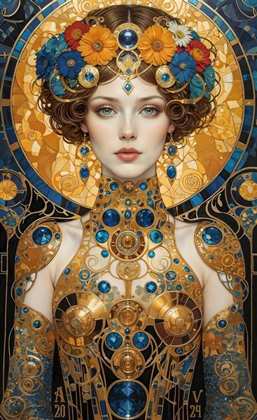 پوستر دیواری طرح نقاشی زن با تاج گل و جزییات جواهرنشان خیره‌کننده مناسب برای دکوراسیون داخلی کافی‌شاپ‌ها و اتاق‌های پذیرایی