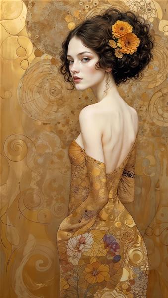 پوستر دیواری کلاسیک با طرح فیگور زن در پس‌زمینه طلایی انتزاعی مناسب برای دکوراسیون پشت میز پذیرش و آرایشگاه‌های زنانه لوکس