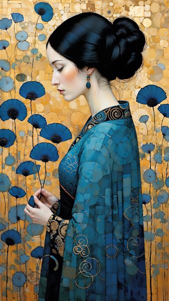 طرح کلاسیک بانو با لباس کیمونو و گل‌های شقایق آبی برای کاغذ دیواری سالن‌های سنتی و کافه گالری‌ها