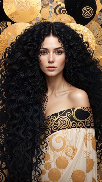 تصویر زن با موهای فر بلند و طرح‌های اسلیمی طلایی ویژه چاپ روی کوسن، نوت‌بوک و پوستر دیواری مدرن