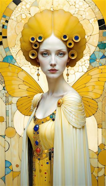 طرح انتزاعی بانو با لباس زرد و بال‌های پروانه‌ای با تم موزاییکی مناسب پوستر دیواری سه بعدی و پرده چاپی