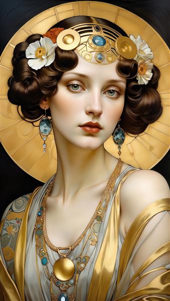 تصویر هنری چهره کلاسیک زن با جواهرات لوکس و تاج گل برای تابلو دکوراتیو پشت میز پذیرش و لابی هتل
