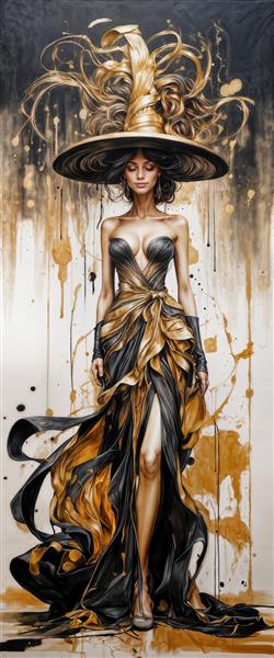 پوستر دیواری لاکچری زن با کلاه و لباس طلایی مشکی مدرن مناسب برای دکوراسیون سالن پذیرایی، تالارهای مجلل و تابلو دکوراتیو لوکس در هتل