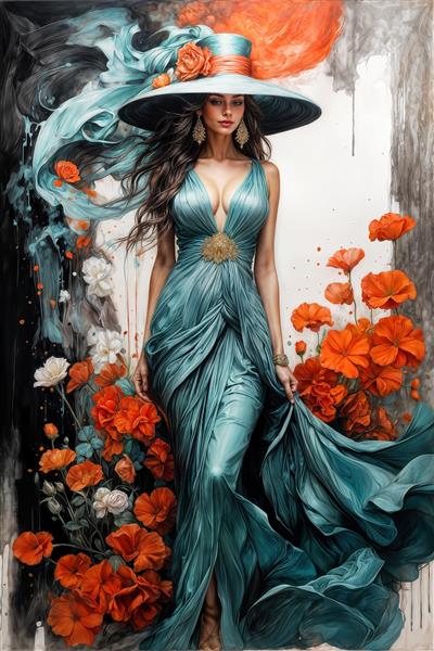 طرح نقاشی مدرن بانو در میان گل‌های شقایق نارنجی برای پوستر دیواری عمودی و قاب‌های تزئینی نشیمن و ناهارخوری