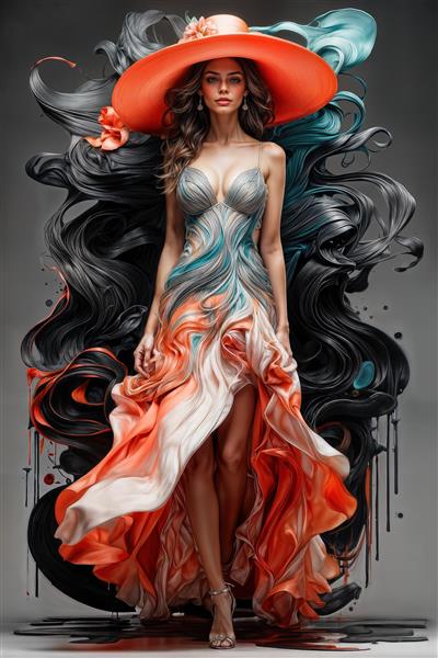 پوستر دیواری زن با پیراهن مواج و رنگ‌های آبی و نارنجی مناسب برای دکوراسیون سالن‌های پذیرایی مدرن و اتاق خواب