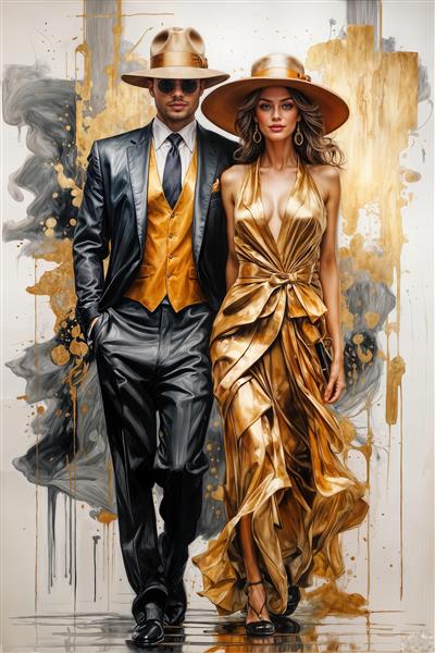 تصویر گرافیکی لوکس آقا و خانم با لباس‌های براق طلایی مناسب برای تابلو دکوراتیو، پوستر دیواری و چاپ روی دفترچه و فولدر