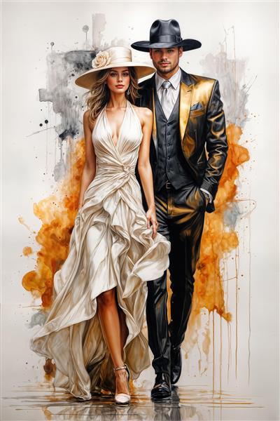 طرح گرافیکی آبرنگی زوج با لباس‌های مجلل سفید و طلایی مناسب برای تابلو دکوراتیو اتاق خواب عروس و پوستر دیواری عمودی