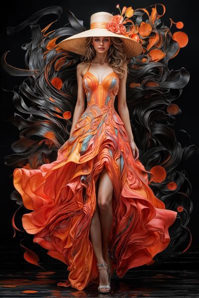 طرح فانتزی و مدرن زن با لباس نارنجی دنباله‌دار و کلاه حصیری بزرگ ویژه پوستر دیواری و بنرهای تبلیغاتی مراکز خرید و گالری‌ها