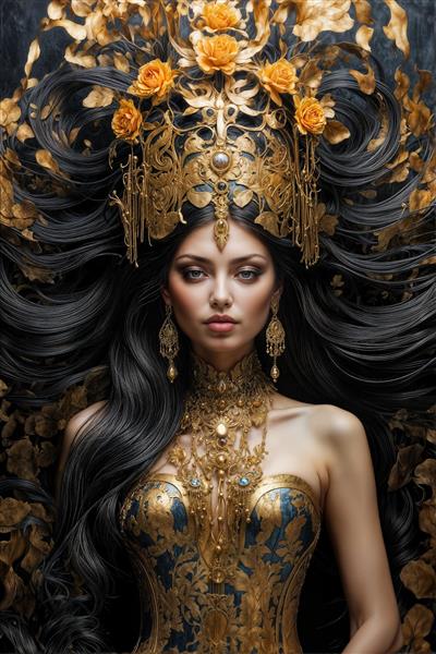 پوستر دیواری سلطنتی زن با آرایش موی حجیم و تاج جواهری طلاکاری شده برای اتاق خواب مستر و فضاهای تشریفاتی