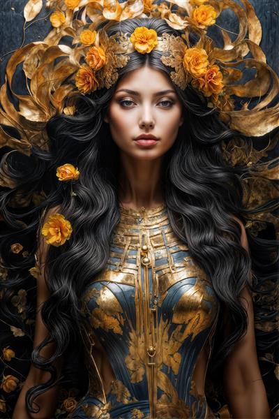 پوستر دیواری آرامش‌بخش چهره زن با شکوفه‌های زرد و طلایی در میان موهای تیره برای اتاق خواب، مراکز اسپا و سالن‌های مدیتیشن