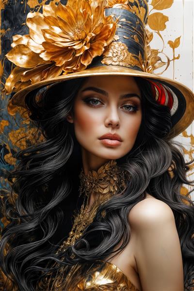 پوستر دیواری مدرن چهره زن زیبا با کلاه حصیری تزیین شده با گل‌های طلایی درشت مناسب برای دکوراسیون دیوار مزون و سالن زیبایی