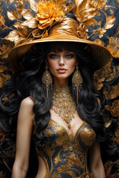 تصویر هنری زن با گوشواره‌های آویز بزرگ و کلاه طلایی ویژه تابلوی دکوراتیو بالای تخت و دکوراسیون مزون