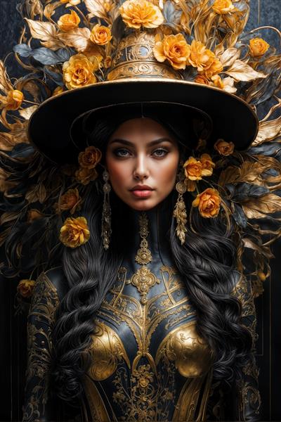 پوستر دیواری سه بعدی زن با لباس زرهی مشکی و تزئینات طلایی و گل‌های رز پاییزی برای لابی و فضای اداری