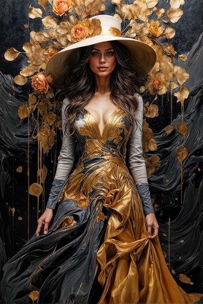 تصویر زن با لباس مجلسی دو رنگ طلایی مشکی و کلاه سفید برای تابلوی دکوراتیو اتاق خواب و سالن‌های مد