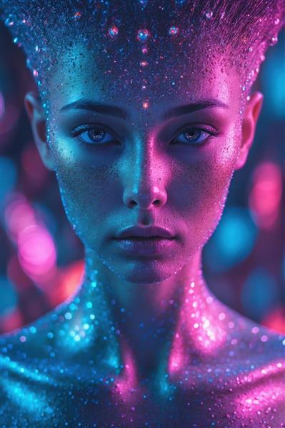 پرتره زن فضایی با پوست اکلیلی و نورپردازی نئون بنفش و آبی، سبک علمی تخیلی و فشن، مناسب برای دکوراسیون سالن‌های زیبایی مدرن، کلاب‌ها و اتاق‌های جوانان، ایده آل برای پوستر دیواری فشن و تابلوهای خاص