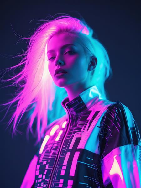 پرتره دختر سایبرپانک با نورهای نئونی بنفش و آبی، مناسب برای اتاق گیمینگ، کافه های مدرن و دکوراسیون های های تک، قابل سفارش به صورت پوستر دیواری سه بعدی و قاب دکوراتیو