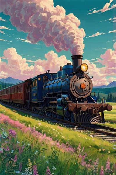 منظره نوستالژیک قطار بخار در دشت گل‌های وحشی ویژه پوستر دیواری عریض (پانوراما) برای راهروها، کافه‌ها و محیط‌های اداری