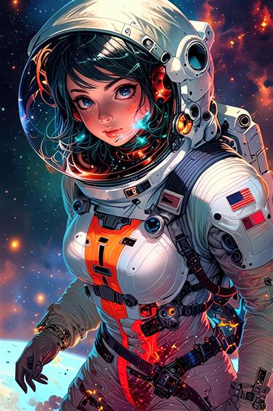 طرح مدرن دختر فضانورد در کهکشان با سبک انیمه برای پوستر دیواری اتاق نوجوان و چاپ روی روتختی و پرده‌های تزیینی اتاق خواب