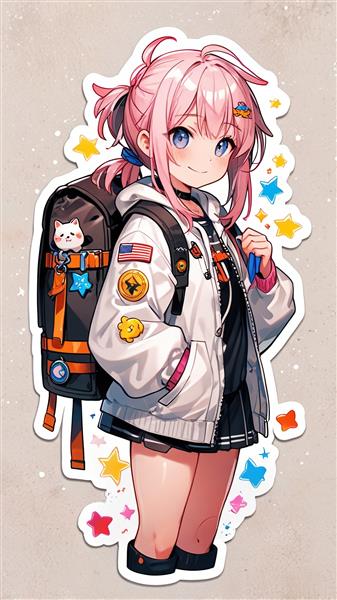 استیکر و پوستر دیواری فانتزی دختر انیمه ای با کوله پشتی و ستاره‌های رنگی مناسب دکوراسیون اتاق کودک، مهدکودک و روی جلد دفتر و لوازم تحریر