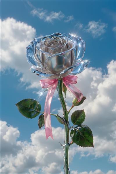 طرح سه بعدی گل رز کریستالی و شفاف با روبان صورتی در آسمان ابری ویژه چاپ کاغذ دیواری اتاق خواب و تابلوهای دکوراتیو پذیرایی