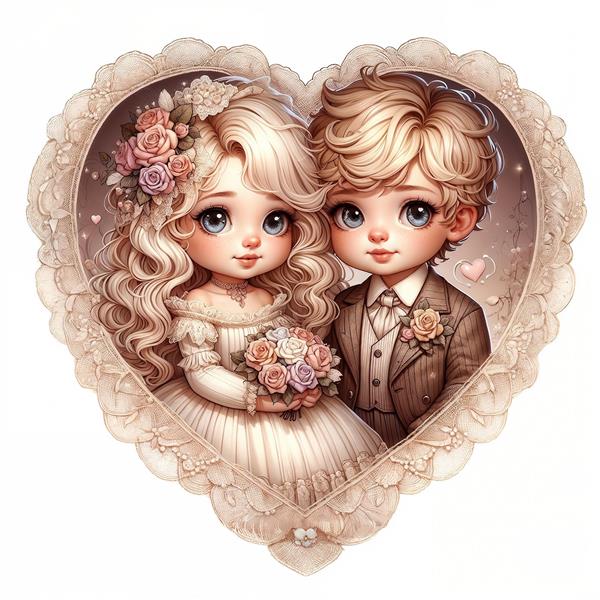 عروس و داماد در قاب قلبی توری برای ولنتاین