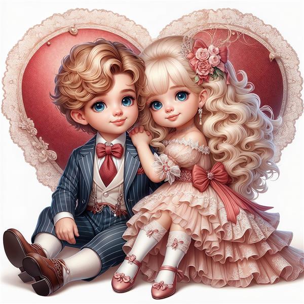 عروس و داماد کوچولو با پس‌زمینه قلب قرمز برای ولنتاین