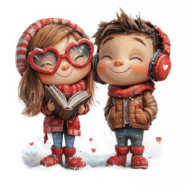 طرح زمستانی کودکانه با عینک قلبی و کتاب در برف مناسب برای پوستر دیواری اتاق مطالعه، کتابخانه‌های کودک و چاپ روی جلد دفتر