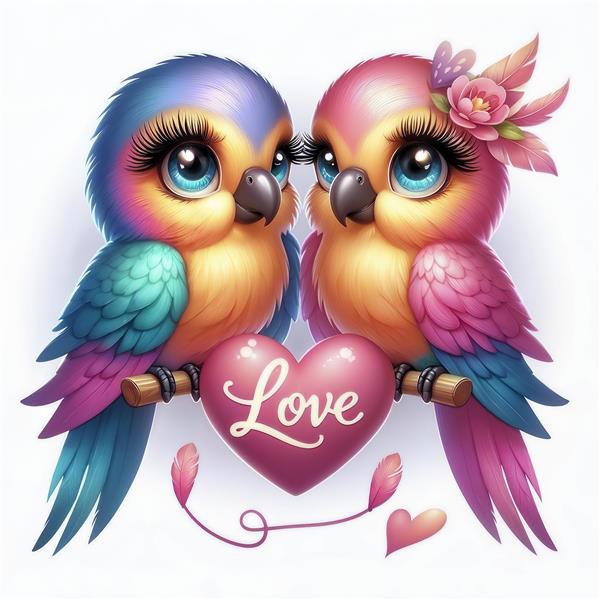 طرح ولنتاین گرافیکی طوطی‌های رنگارنگ عاشق روی شاخه برای پوستر دیواری عمودی و چاپ روی تابلو شاسی