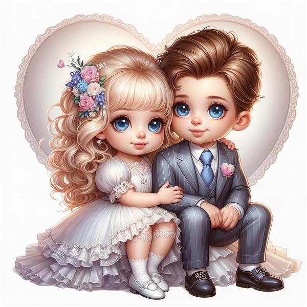 طرح لوکس عروس و داماد کوچولو با پس زمینه قلب توری ویژه پوستر دیواری تالار و آتلیه ازدواج