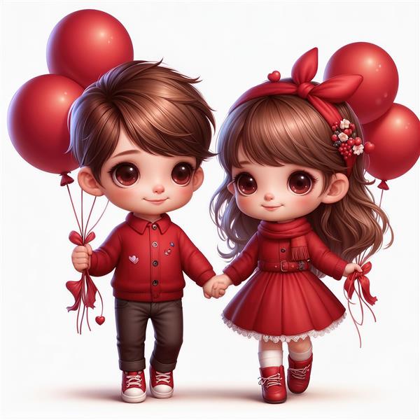 تصویر باکیفیت دختر و پسر کوچولو با بادکنک‌های قرمز ولنتاین مناسب برای تابلو دکوراتیور و پوستر دیواری