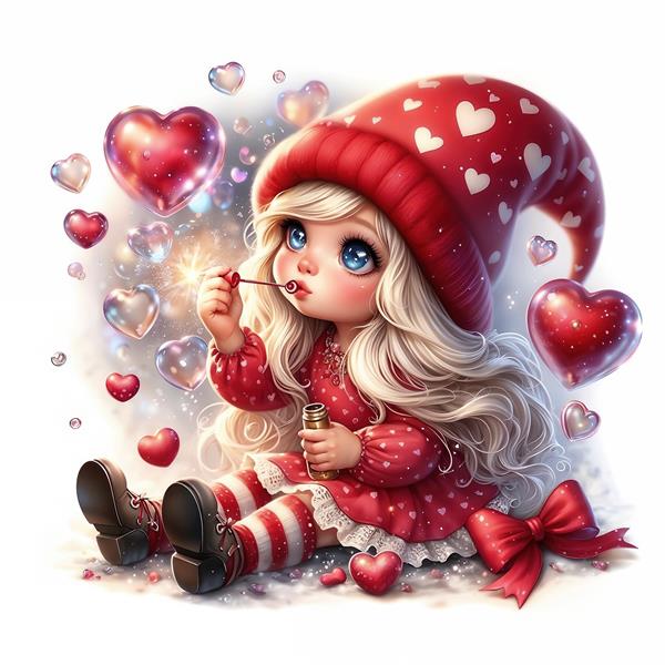 پوستر دیواری سه بعدی دختر کوچولوی مو بلوند با حباب‌های قلبی ایده آل برای دکوراسیون ولنتاین و مهدکودک
