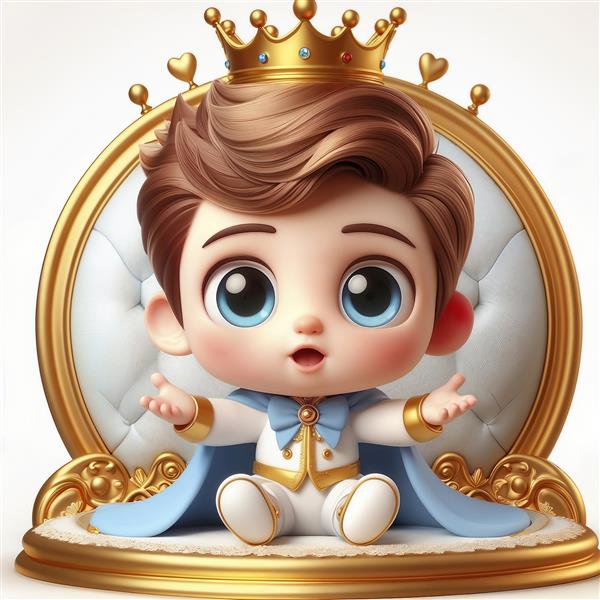 تصویر فانتزی شاهزاده کوچک روی تخت سلطنتی مناسب برای پوستر دیواری اتاق پسرانه و چاپ روی دفترچه و وسایل مدرسه