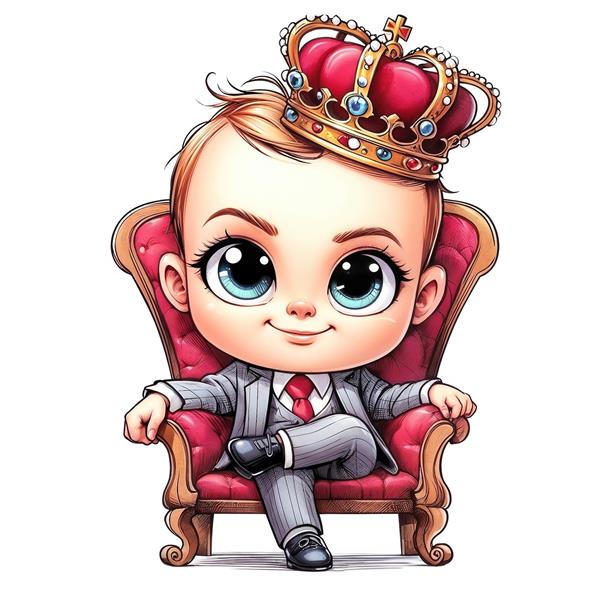 طرح لایه باز و تصویر باکیفیت نوزاد پسر با تاج پادشاهی روی صندلی سلطنتی برای چاپ تابلو دکوراتیو و استیکر اتاق نوزاد