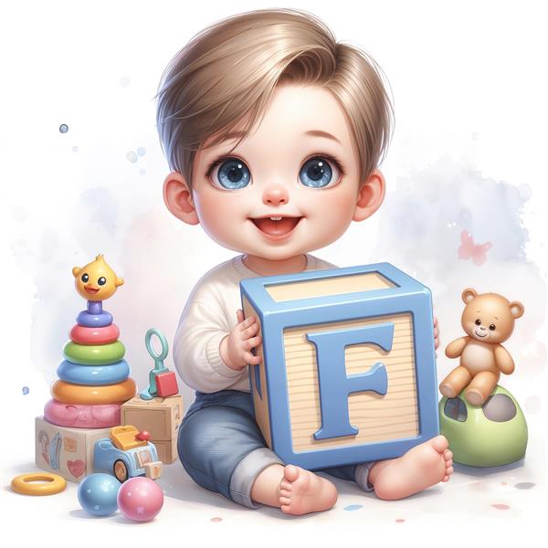 تصویر آموزشی کودک با مکعب حروف و اسباب‌بازی‌های رنگارنگ ویژه دکوراسیون مهدکودک، پیش‌دبستانی و تولید کتاب‌های آموزشی کودکان