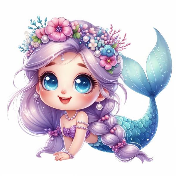 طرح گرافیکی پری دریایی با موهای یاسی و مروارید ایده آل برای چاپ پرده تصویری اتاق کودک و پوستر دیواری فانتزی ضد آب