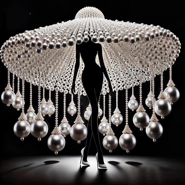 پوستر دیواری خاص سیلوئت زن با دامن مرواریدی چتری و استایل هنری برای تالارهای تشریفاتی و لابی