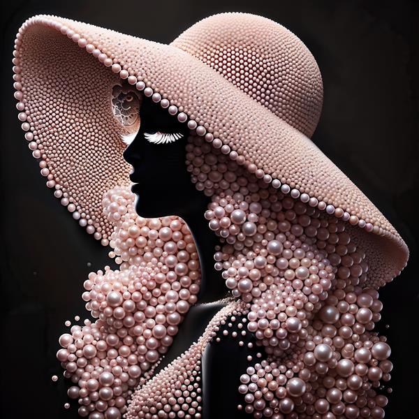 تصویر هنری نیم‌رخ زن با کلاه بزرگ و لباس پوشیده از مروارید صورتی ملایم ایده آل برای تابلو دکوراتیو آرایشگاه زنانه و پوستر دیواری سه بعدی لابی هتل