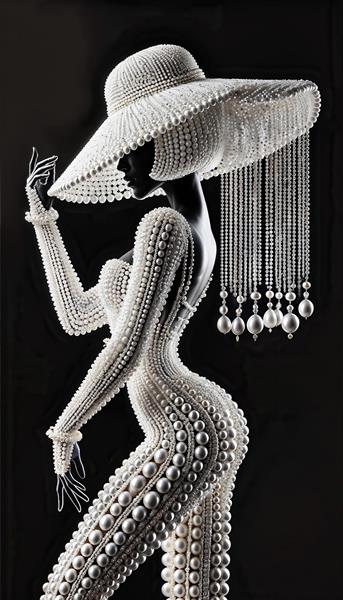 فیگور زن مدرن با لباس سرهمی و کلاه لبه پهن تمام مروارید ایده آل برای کاغذ دیواری سه بعدی آرایشگاه و کلینیک زیبایی