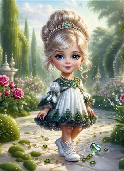 پوستر دیواری لوکس طرح پرنسس کوچک در باغ گل با لباس توری سبز و سفید مناسب اتاق خواب و سالن های بازی