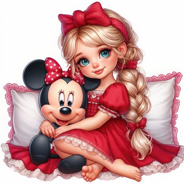پوستر دیواری فانتزی دختر بچه در آغوش میکی موس ویژه تزیین اتاق خواب کودک و چاپ روی روتختی و بالش