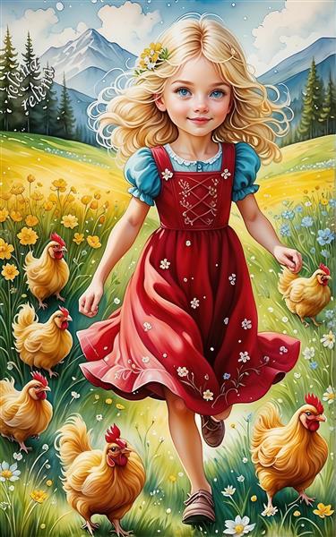 طرح منظره مزرعه با دختر مو بلوند و جوجه‌های طلایی ایده آل برای پوستر دیواری آشپزخانه و محیط‌های آموزشی