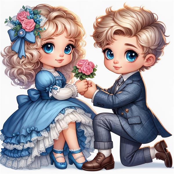 پوستر دیواری کلاسیک خواستگاری کوچولوها با لباس مجلسی آبی برای دکوراسیون آتلیه عکاسی و تالارهای پذیرایی