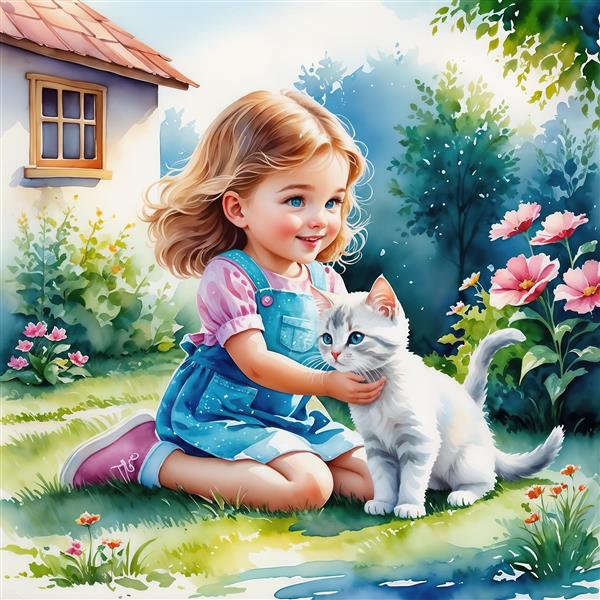تصویر آبرنگی دختر بچه و بچه گربه سفید در حیاط خانه روستایی مناسب چاپ روی کوسن و پرده اتاق خواب